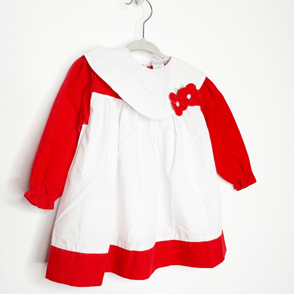 VTG 60s 70s MAYFAIR RED white pinafore dress long sleeve collar Baby Girl 24 M - Picture 3 of 6